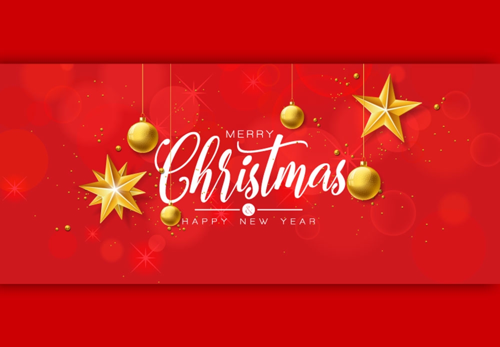 Merry Christmas Happy New Year Illustration With Gold Glass Ball & Star