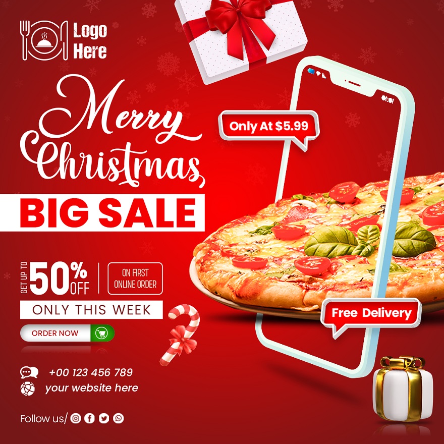 Free Download Merry Christmas Food Menu Delicious Pizza Social Media Banner Template Full PSD Shared by Pixahunt 