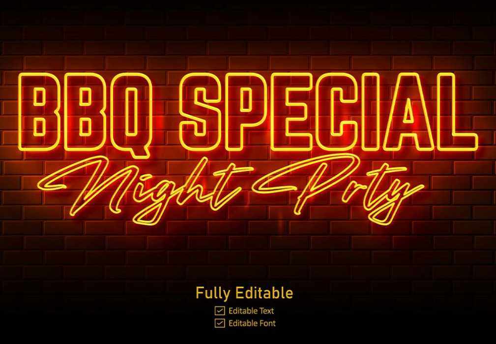 Free Download bbq special night party text neon sign on brick wall background text effect and lettering for restaurant  Full PSD Shared by Pixahunt 