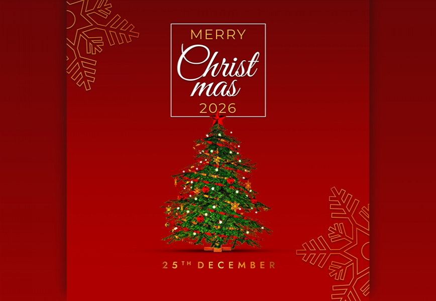 Free Download PSD Merry Christmas Tree 2026 Red Background Instagram post Free Download Full PSD Shared by Pixahunt 