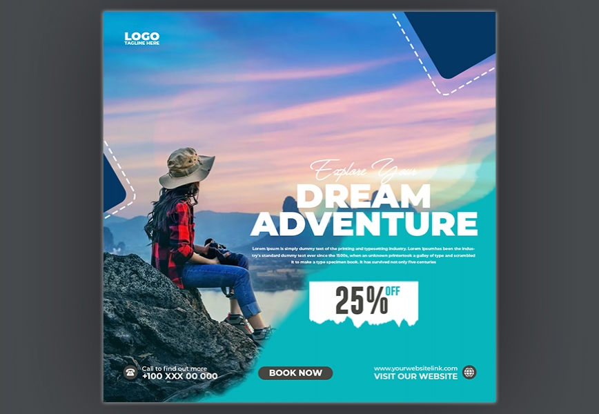 Free Download Explore Your Dream Adventure Up to 20% Off BOOK NOW Social Media Post Full PSD Shared by Pixahunt 