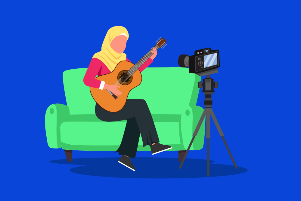 The camera is recording the girl sitting on the sofa playing the guitar