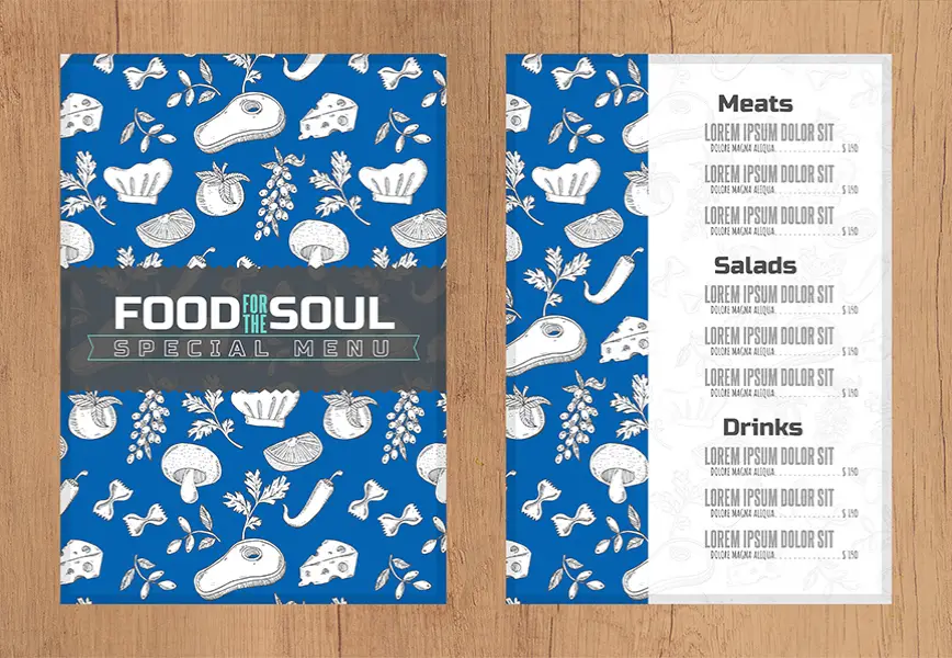 Restaurant menu with illustrated food such as meats, salads and drinks
