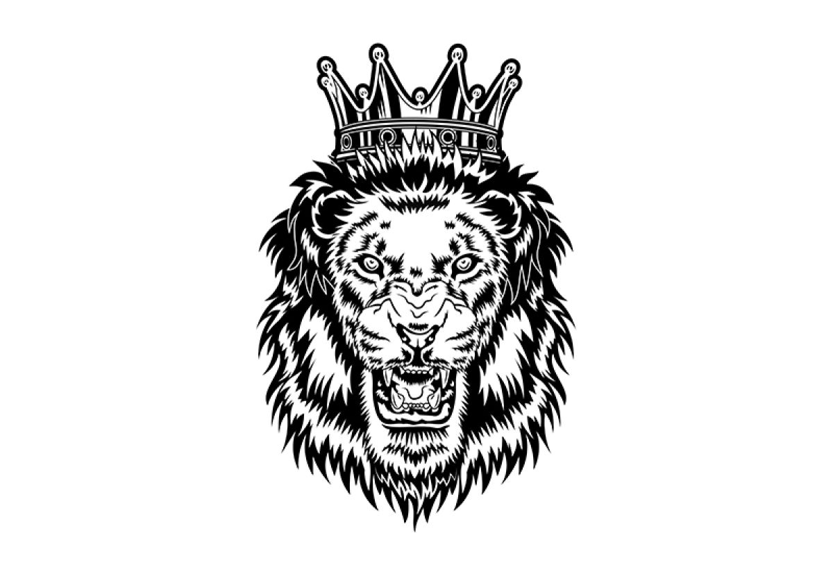 Head of angry roaring male animal with mane and royal crown | Lion king vector illustration