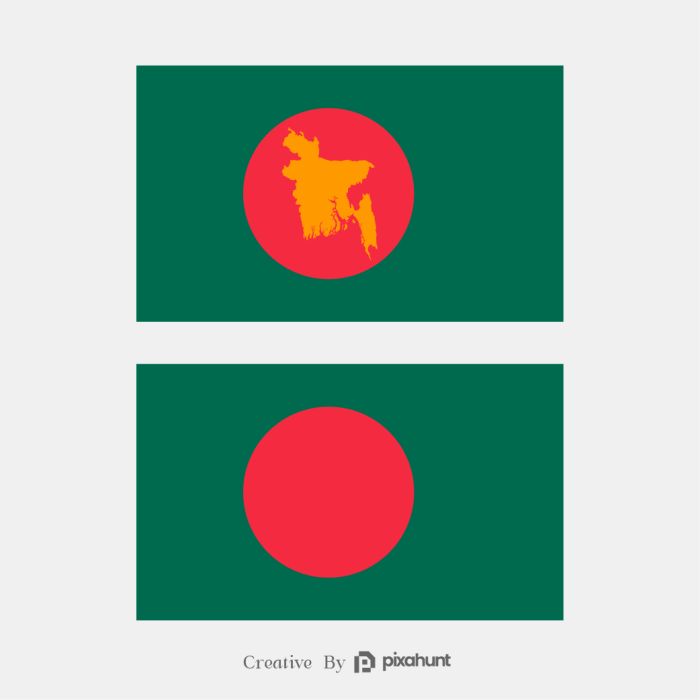 A blood red disc or sun on top of a dark green banner It's Bangladesh Flag
