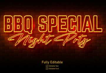 bbq special night party text neon sign on brick wall background text effect and lettering for restaurant 