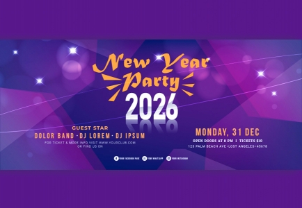 Vector Happy New Year Party 2026 Glowing Facebook Cover Free Download