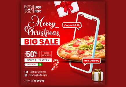 Merry Christmas Food Menu Delicious Pizza Social Media Banner Template