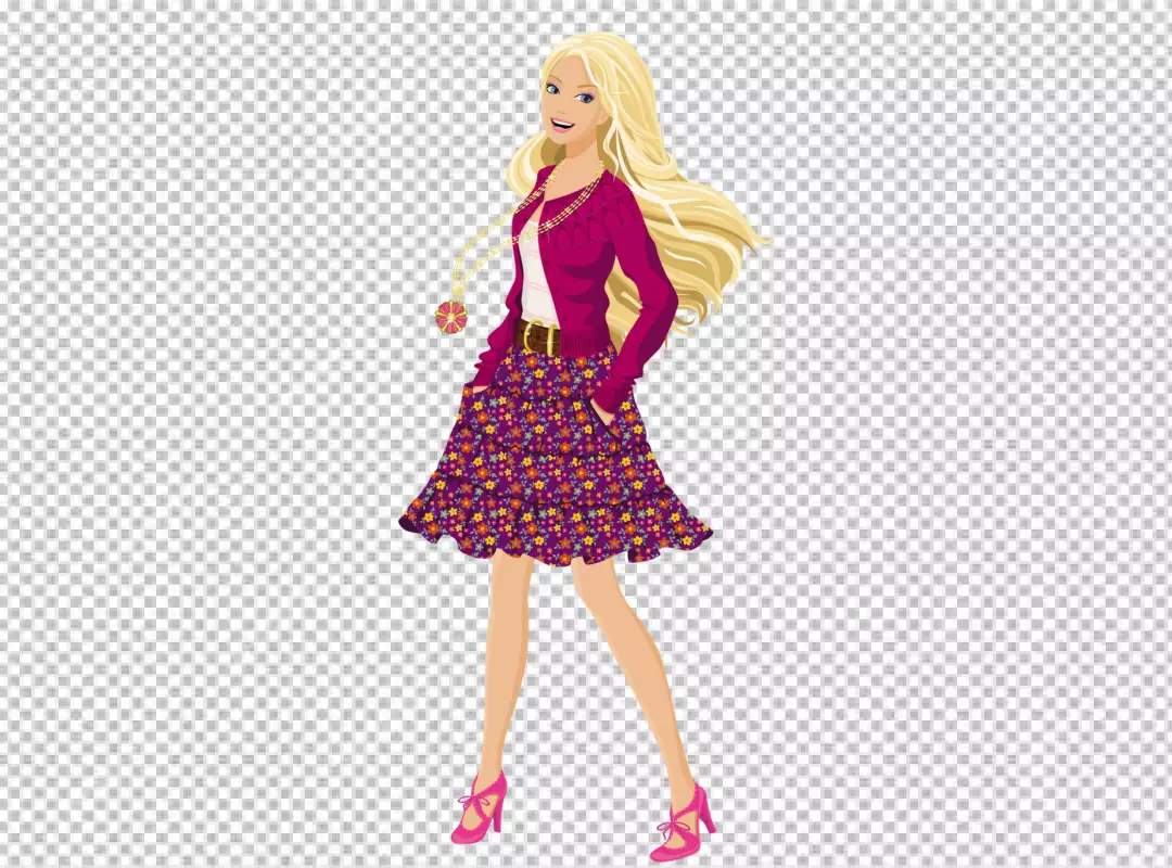 Free Premium PNG  blonde Barbie doll wearing a pink top a purple skirt and pink shoes