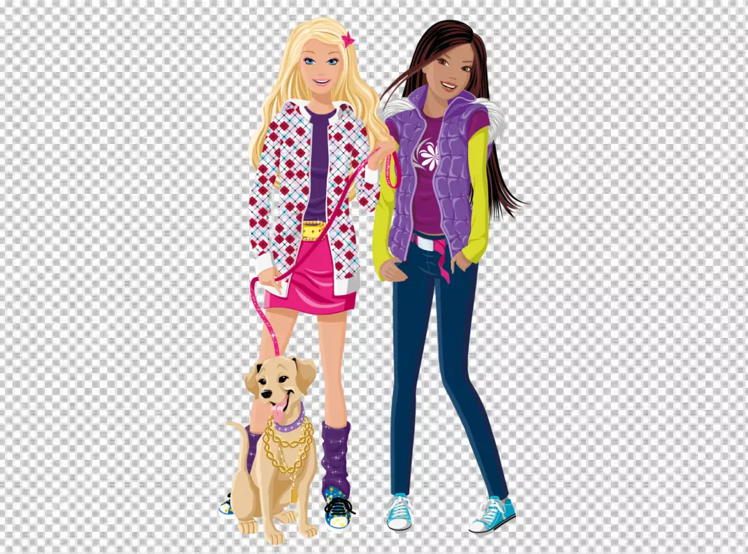 Free Premium PNG 2 (tow) Barbie standing side by side, with a dog standing in front of them