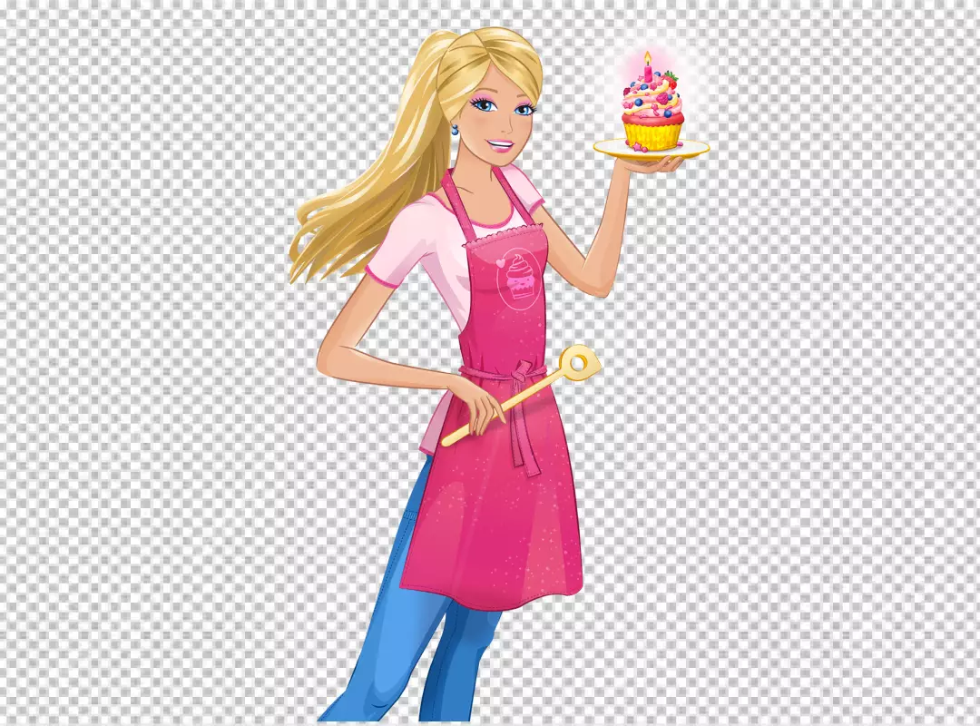Free Premium PNG A beautiful woman with long blonde hair and blue eyeswith wearing a pink apron and a white T-shirt