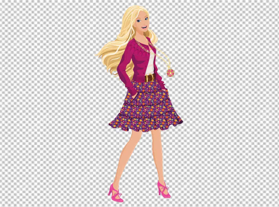 Free Premium PNG A blonde Barbie doll wearing a pink sweater, a floral skirt and pink heels also she is smiling