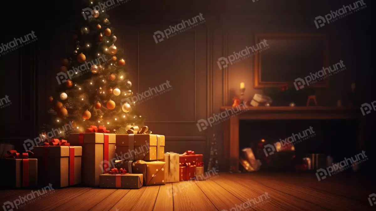 Free Premium Stock Photos A crimson background including Christmas present boxes, clews of rope, paper rools, and ornaments. The start of holiday planning. Perspective from above, with room to write. Modelled using generative artificial intelligence, Pro Photo