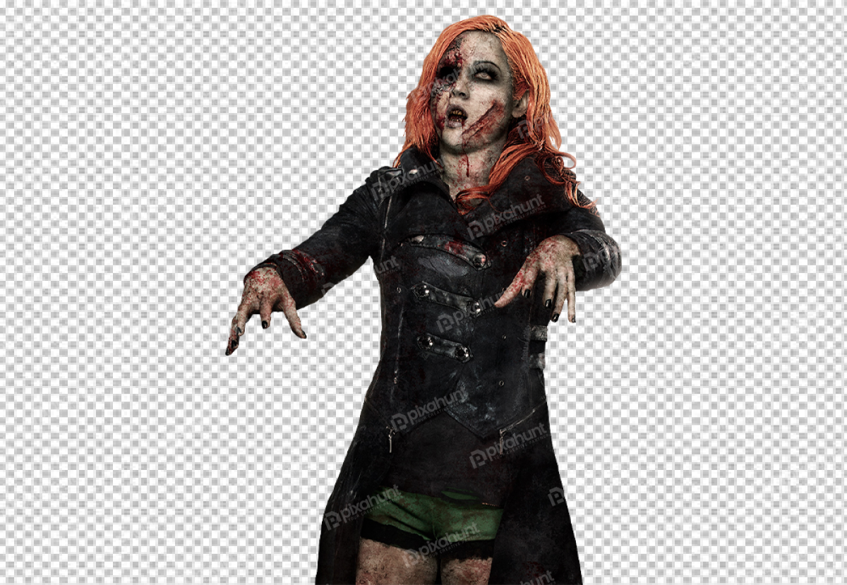 Free Premium PNG A female zombie in a black leather jacket and green shorts