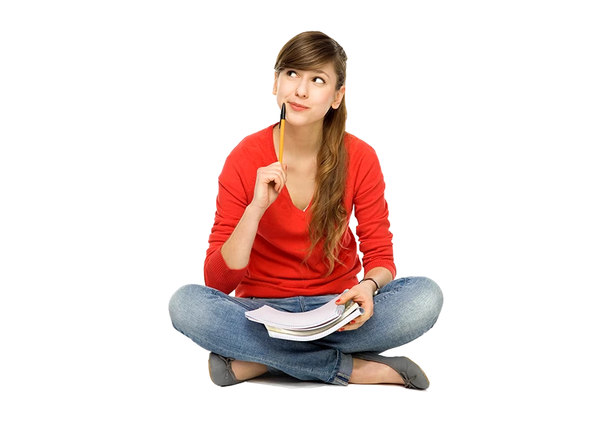 Free Premium PNG A front view young female sitting in black shirt and blue jeans writing down notes and thinking