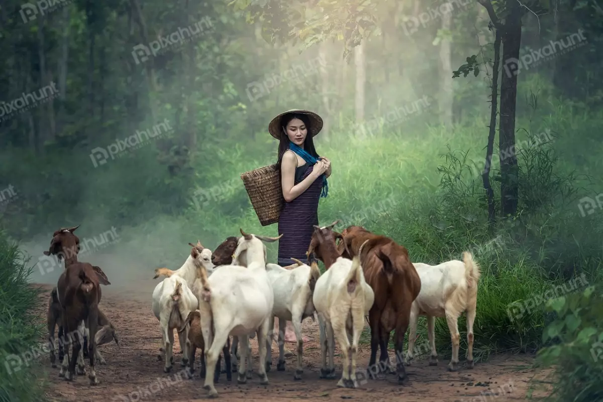 Free Premium Stock Photos A girl in a rural setting and wearing a traditional Vietnamese conical hat and is carrying a basket on her shoulder