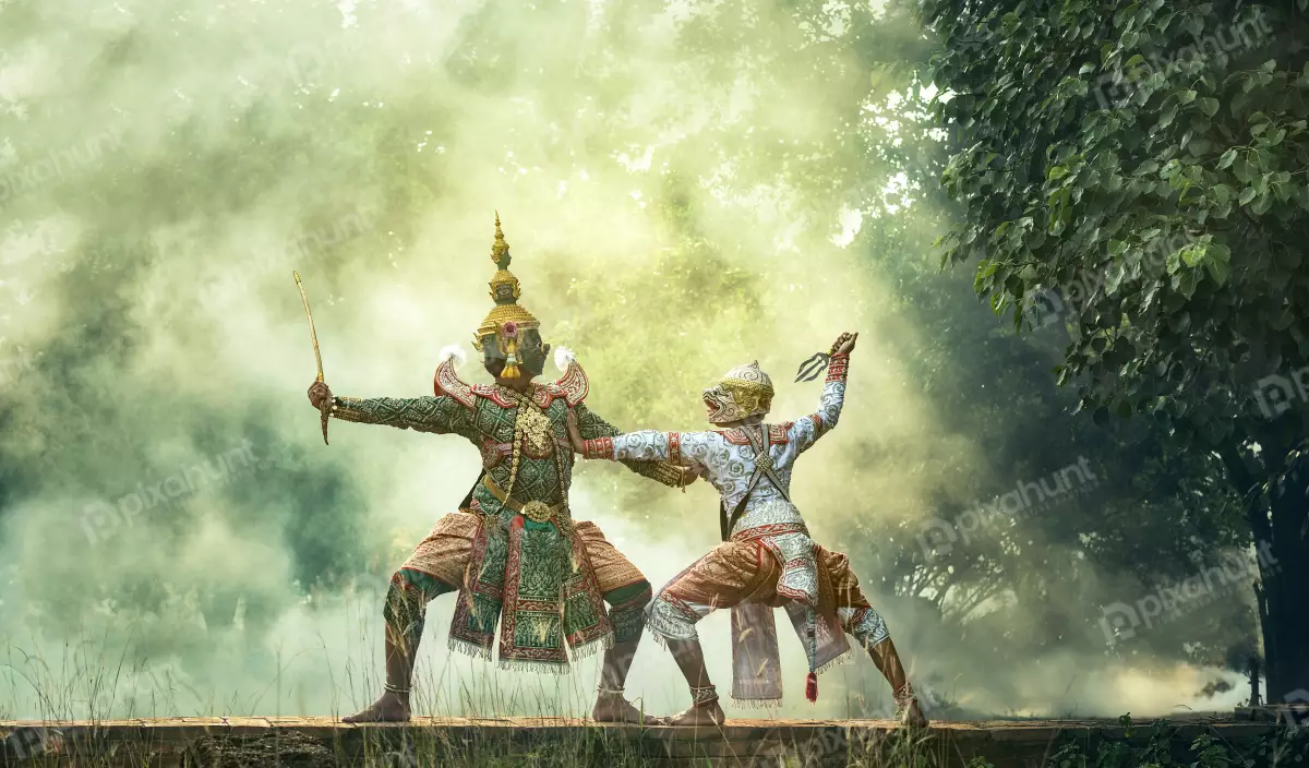 Free Premium Stock Photos A photograph of two masked dancers in traditional Thai costumes performing a Khon dance