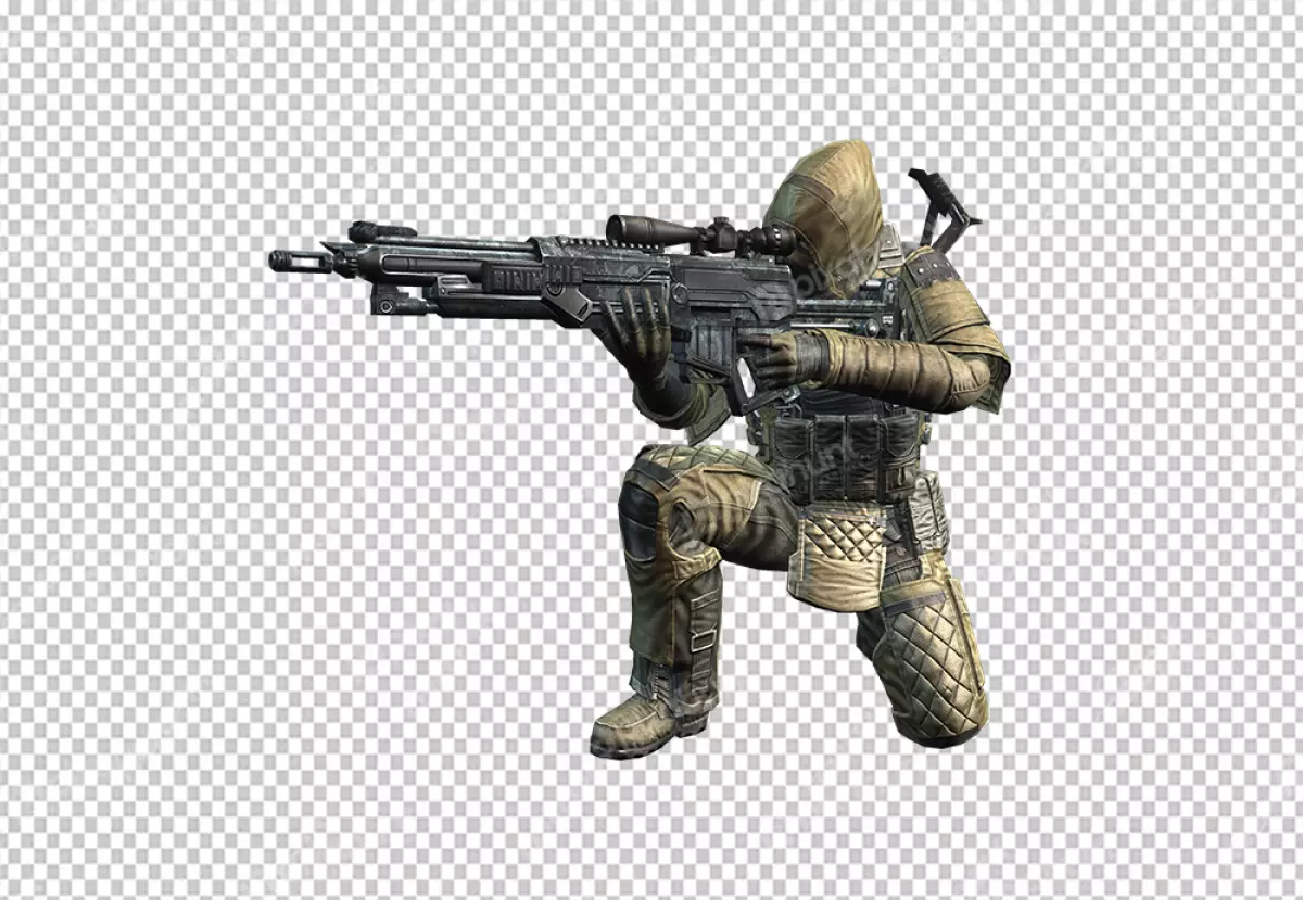 Free Premium PNG A soldier kneels at sniper rifle point