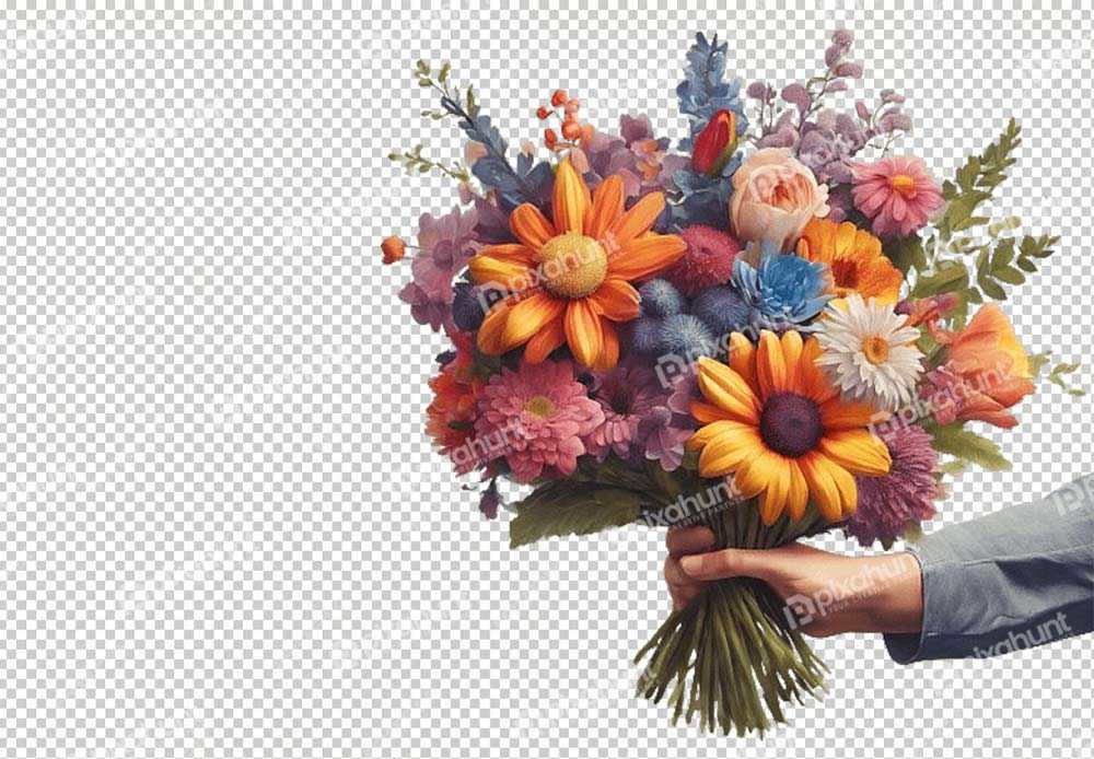 Free Premium PNG A woman holds in her hand a festive flower arrangement with bright chrysanthemum flowers | Thick Bouquet of Flowers