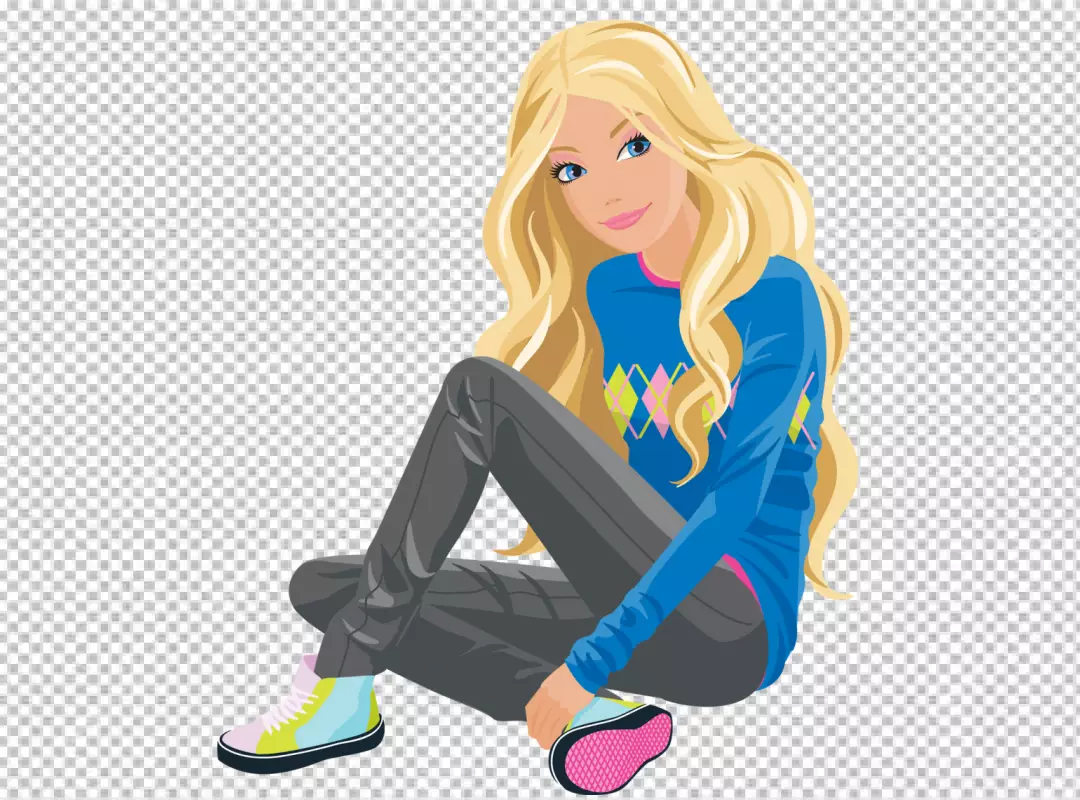 Free Premium PNG A young Barbie sitting on the ground with long blond hair and blue eyes and wearing a blue sweater, gray jeans, pink sneakers