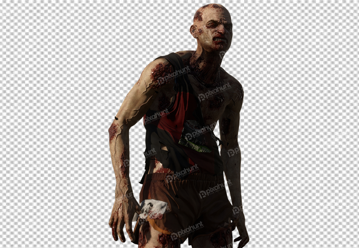 Free Premium PNG A zombie wearing a torn red tank top and brown shorts