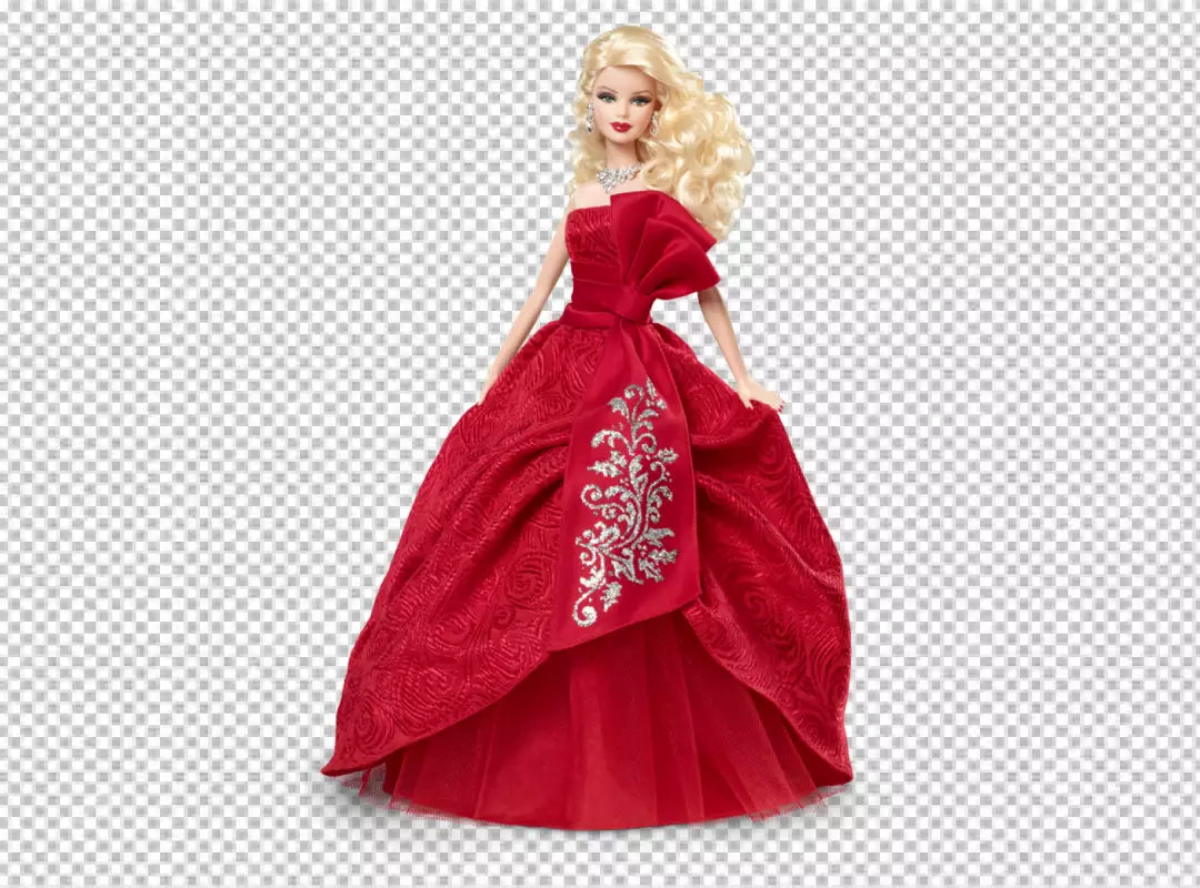 Free Premium PNG Barbie doll is wearing a red dress with a silver bow around her waist