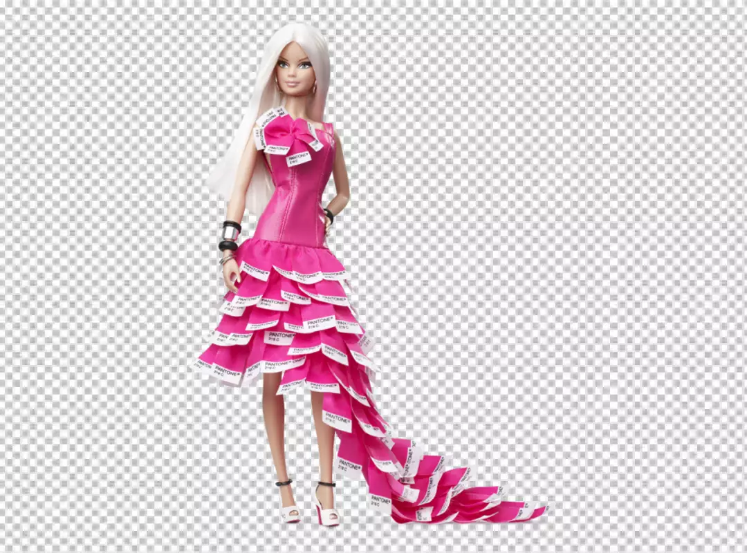 Free Premium PNG Barbie doll wearing a dress made of pink fabric is covered in Pantone color swatches