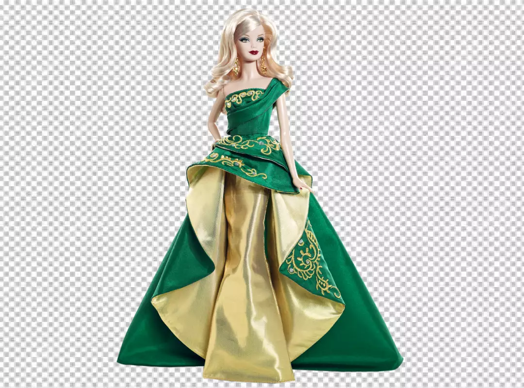 Free Premium PNG Barbie doll wearing a green and gold dress
