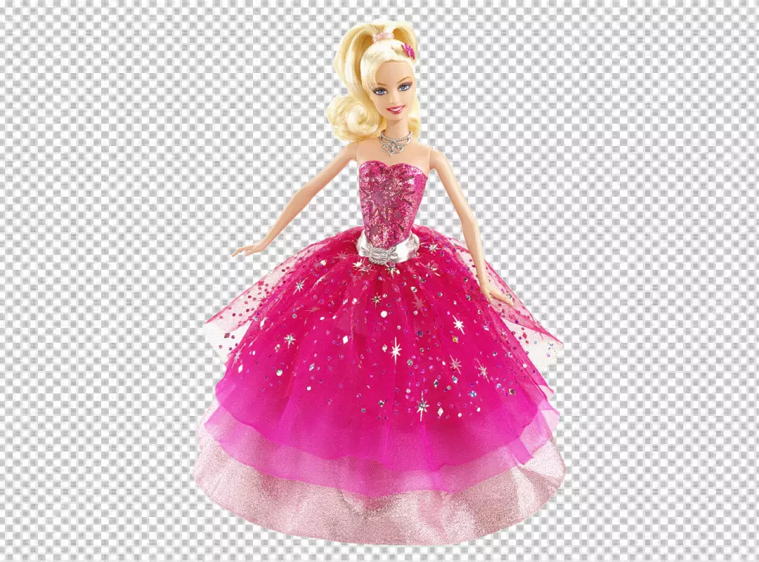 Free Premium PNG Barbie doll wearing a pink dress right arm is extended to the side and her left arm is bent at the elbow with her hand resting on her hip