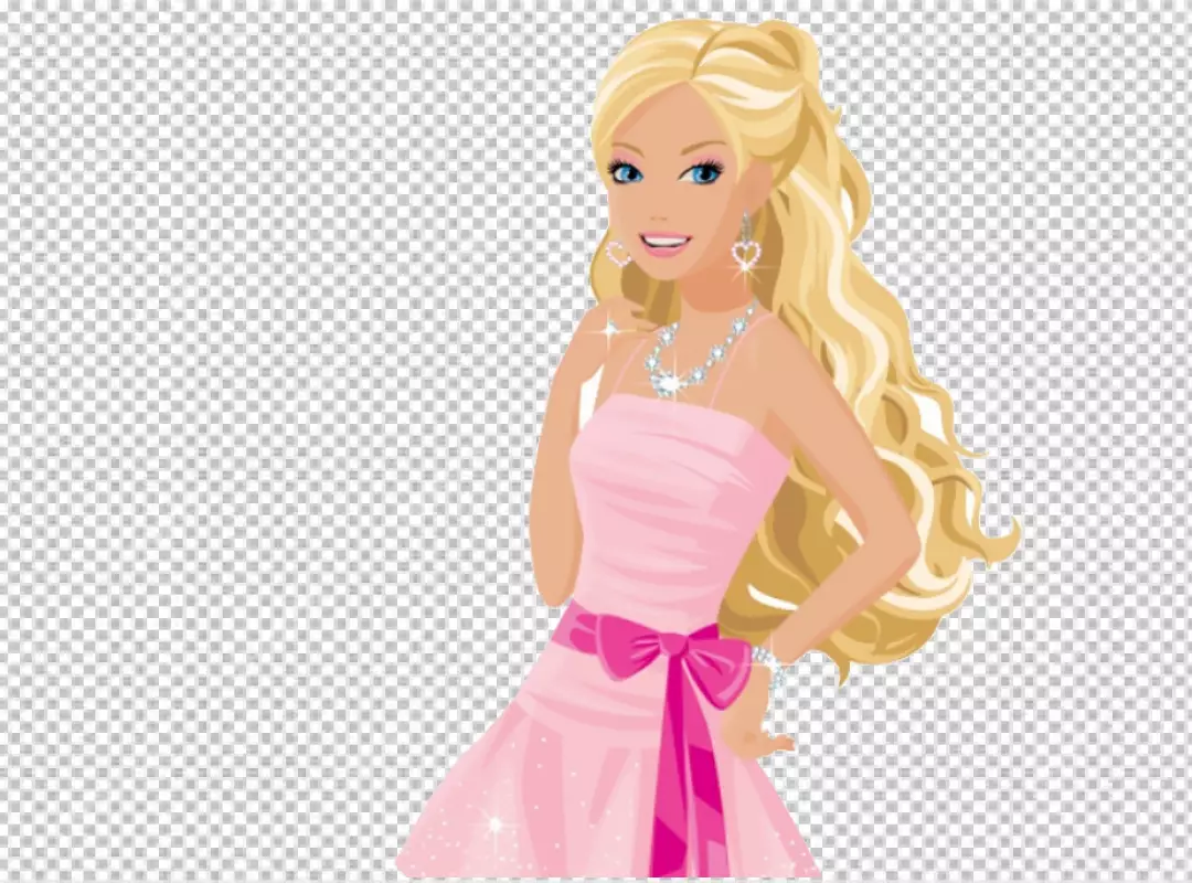 Free Premium PNG Barbie doll wearing a pink dress with her left hand on her hip and her right hand holding the strap of her dress