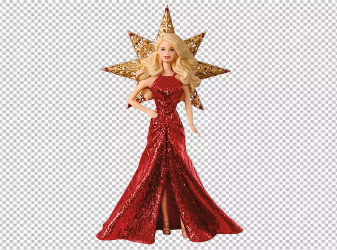 Free Premium PNG Barbie doll wearing a red dress and standing in a star-shaped ornament