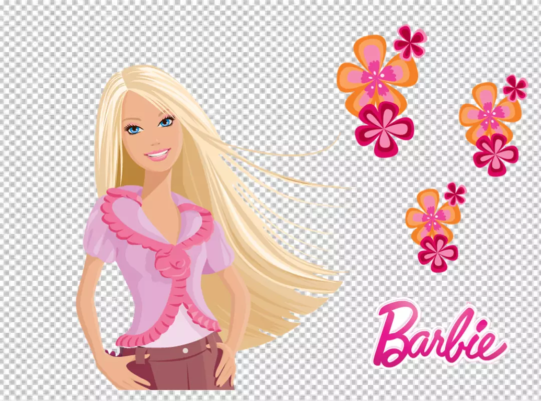 Free Premium PNG Barbie is standing at a slight angle with her left hand on her hip and her right hand hanging by her side