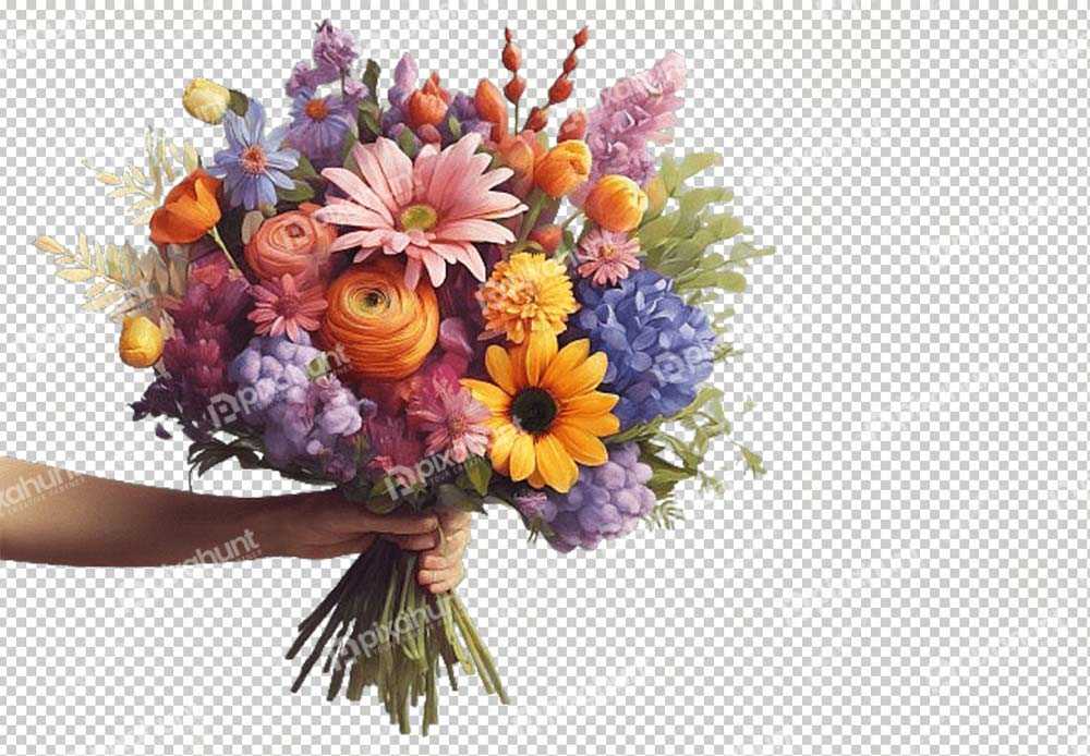 Free Premium PNG Bouquet of Mixed Flowers | close up hand holding beautiful flowers