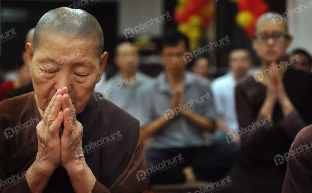 Free Premium Stock Photos Buddhist nun praying with her eyes closed and her hands clasped together in front of her chest