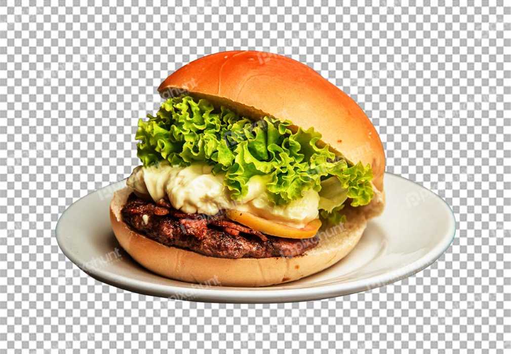 Free Premium PNG Burger With Lettuce and Cheese on a White Plate