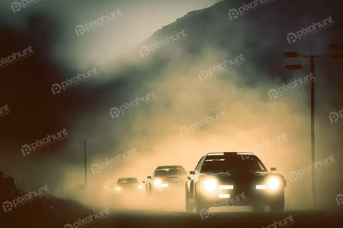 Free Premium Stock Photos Cars at night evening with headlights on foggy mountain background dark | Car Driving Down Country Road