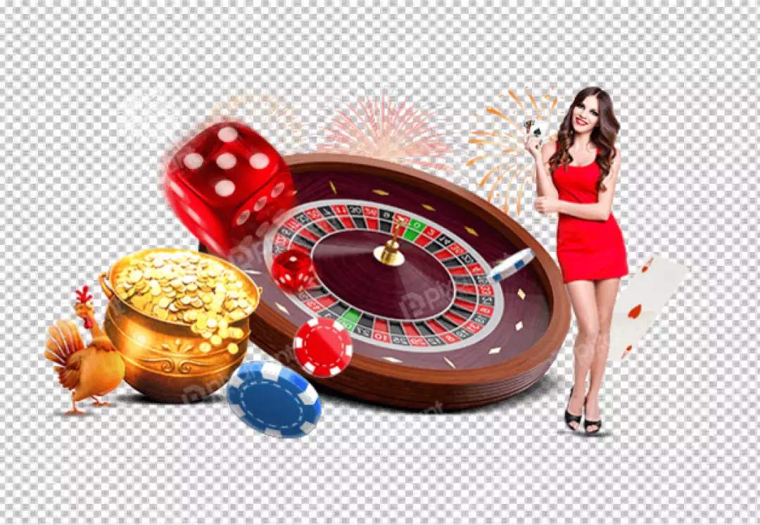 Free Premium PNG Casino realistic composition with roulette wheel chips dollar banknotes playing cards and dices