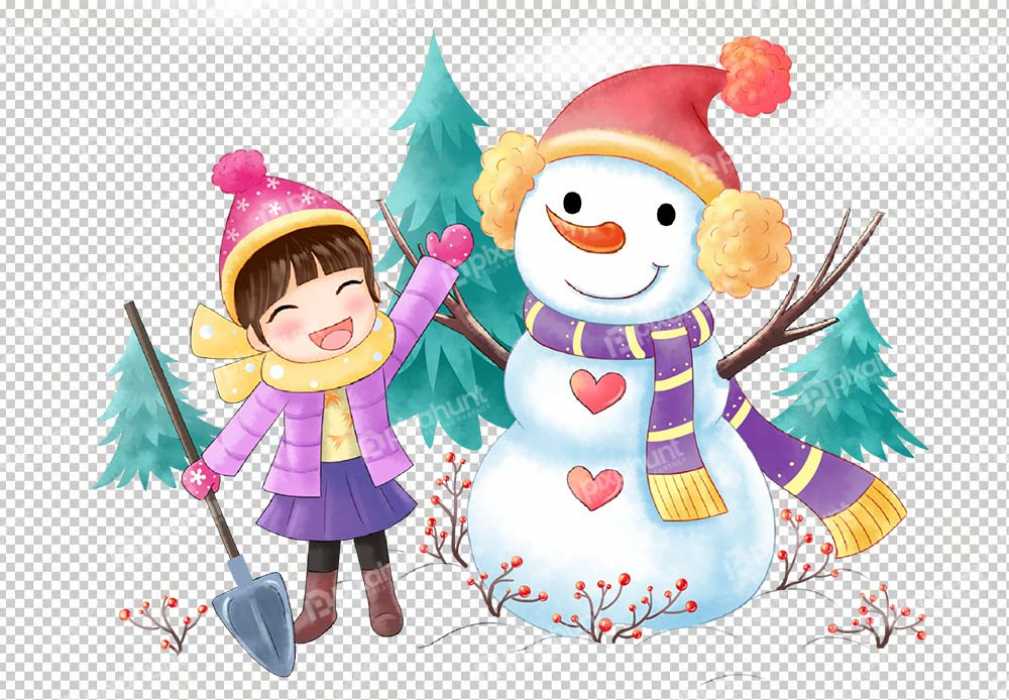 Free Premium PNG Children and snowman | Winter Snowman Original Cartoon