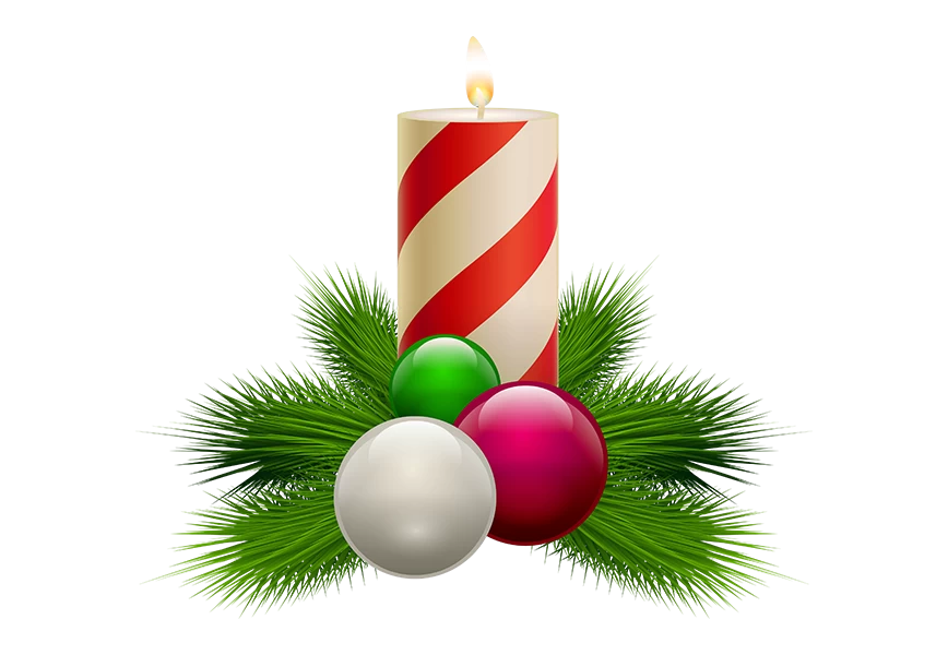 Free Premium PNG Christmas composition with a burning candle two red Christmas balls and Christmas tree twigs transparent background