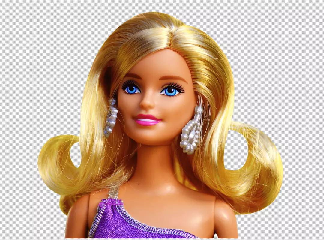 Free Premium PNG Close-up of a Barbie dollis looking at the camera with a slight smile on her face