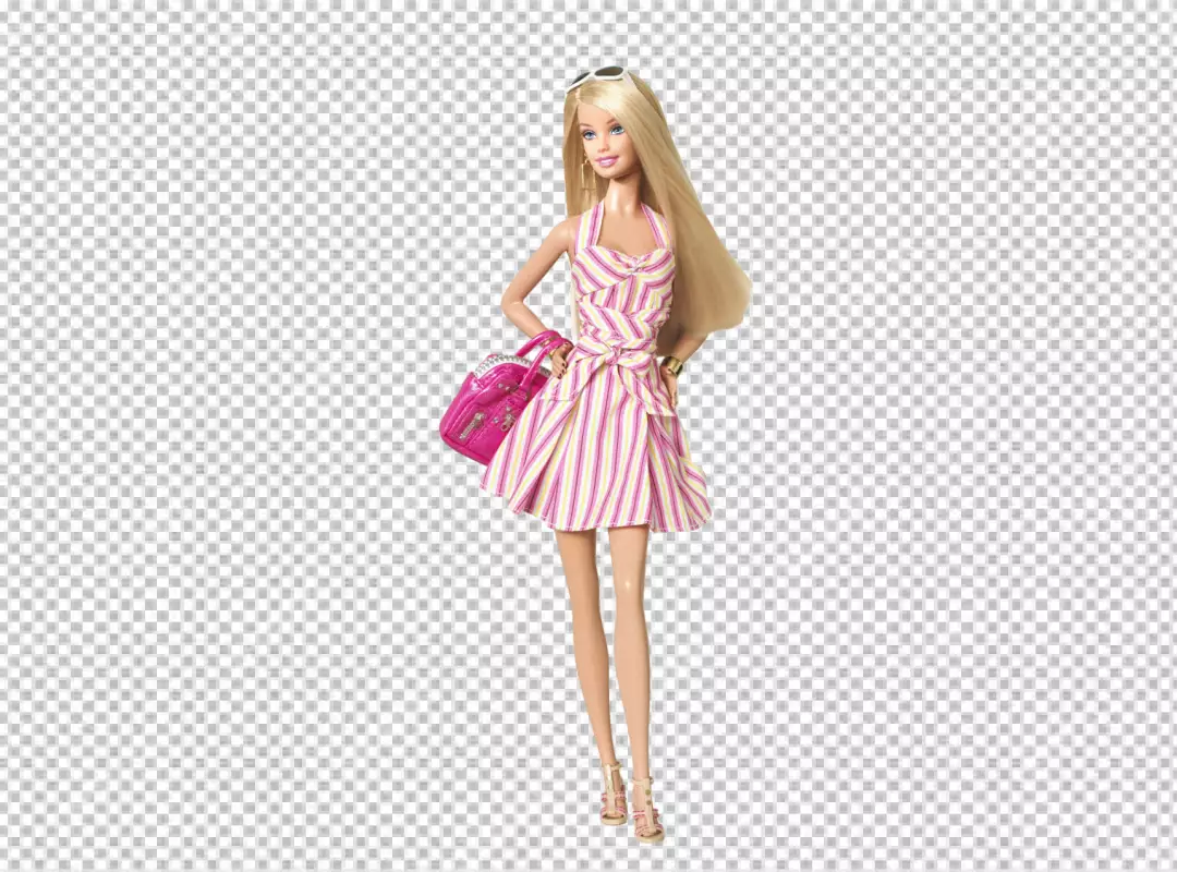 Free Premium PNG Doll is wearing a pink and white striped dress, a pink purse, and sunglasses