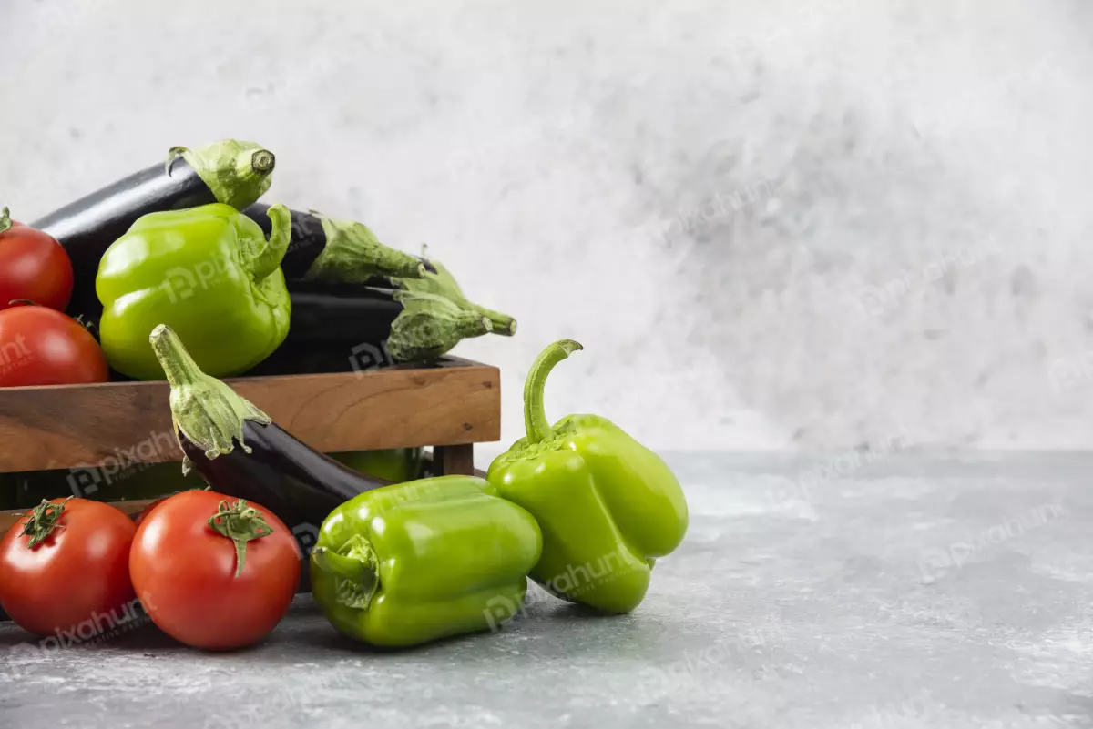 Free Premium Stock Photos Fresh ripe vegetables placed on Wooden box full of a stone background