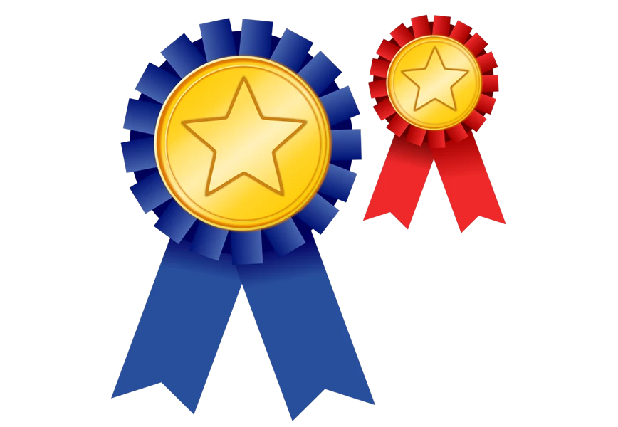 Free Premium PNG Gold winner badge with blue and red ribbon