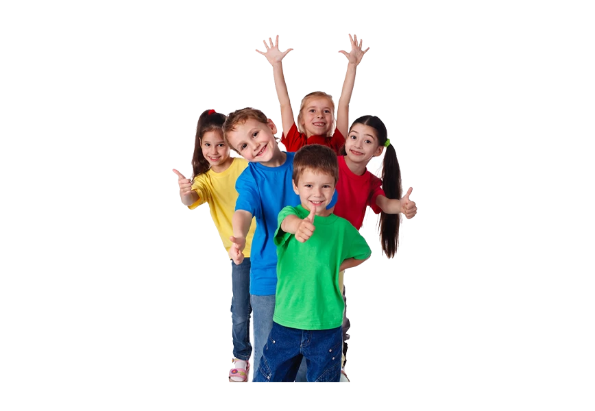 Free Premium PNG Group of happy kids with thumb up sign in colorful t-shirts standing together 