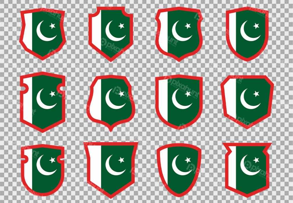 Free Premium PNG illustration of a set of different shaped shields with a Pakistani flag