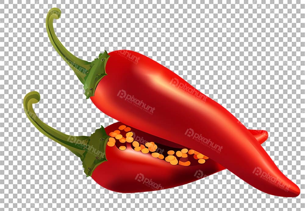 Free Premium PNG Looking not real Red chili peppers, one peeled, vibrant