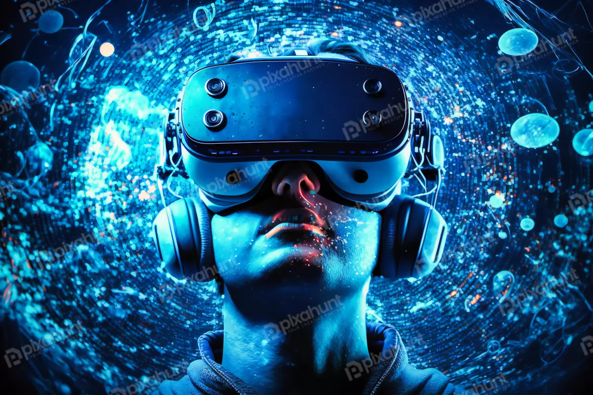 Free Premium Stock Photos Person dons VR goggles entering a captivating blue virtual technology world filled with endless possibilities and experiences