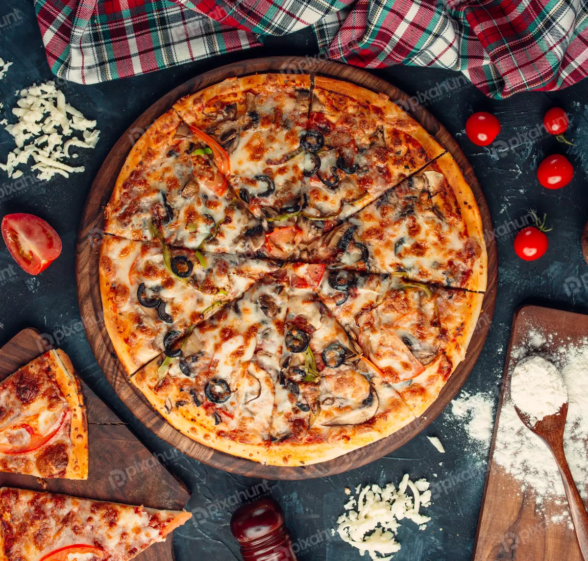 Free Premium Stock Photos Pizza with cheese and tomatoes | Mixed ingredient pizza with cheese and tomatoes