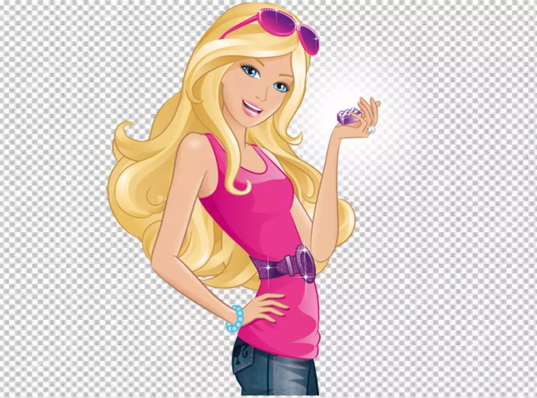 Free Premium PNG She is wearing a pink tank top, blue jeans, and sunglasses