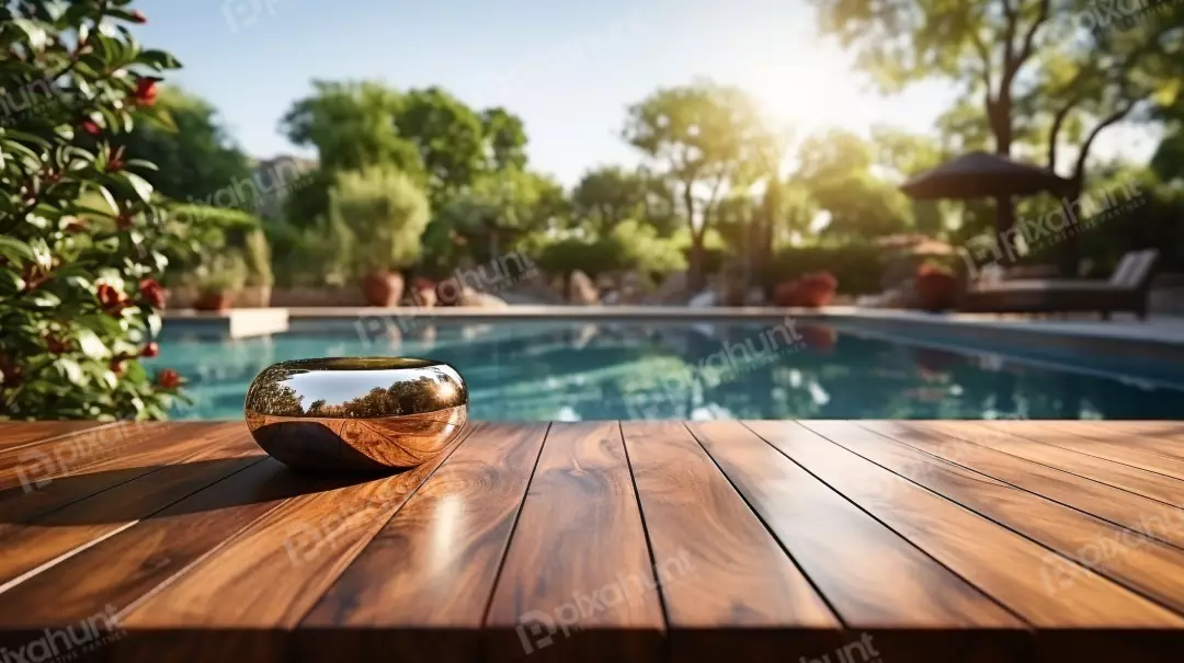 Free Premium Stock Photos Table is placed in an outdoor setting, with a swimming pool and greenery in the background